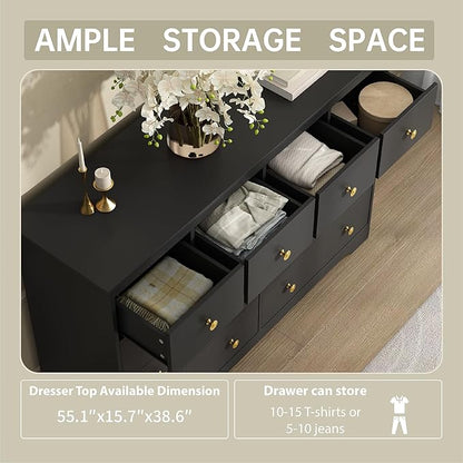 Black Dresser for Bedroom, 10 Drawer Dresser with Large Drawers, 55 Inch Wide Wood Chest for Living Room, Hallway