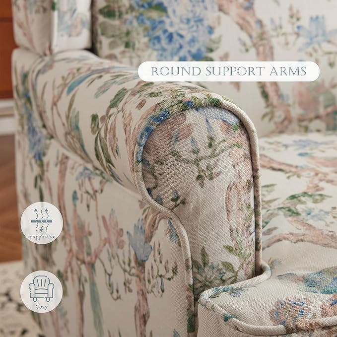 MELLCOM Floral Accent Chair, High Back Upholstered Armchair with Solid Legs, Leisure Single Sofa Chair for Living Room, Bedroom, Home Office, Light Blue Floral&Bird