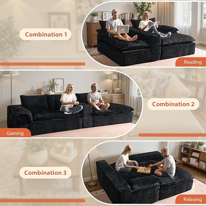 113 in Oversized Cloud Sofa with L Shape Chaise, Sectional Couches for Living Room, Assembly Free Modular Comfy Corduroy Sofa with Right Facing Chaise Longue for Home Apartment (Right Chaise, Black)