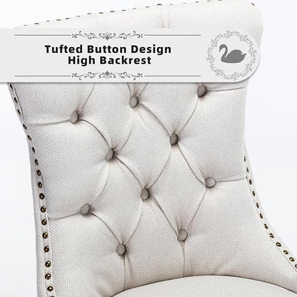 Linen Upholstered Dining Chairs Set of 2, Modern Style Kitchen Side Chairs with Nailhead Trim and Wood Leg, Metal Pulling Ring for Dining Room Living Room(Beige,Set of 2)