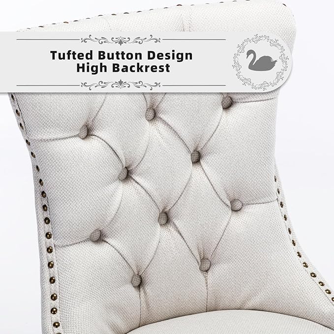 Linen Upholstered Dining Chairs Set of 6, Modern Style Kitchen Side Chairs with Nailhead Trim and Wood Leg, Metal Pulling Ring for Dining Room Living Room(Beige,Set of 6)