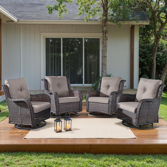 HUMMUH Outdoor Swivel Rocker Wicker Patio Chairs High Back PE Rattan Glider Chairs 4PCS Patio Furniture Set(Brown,Grey)