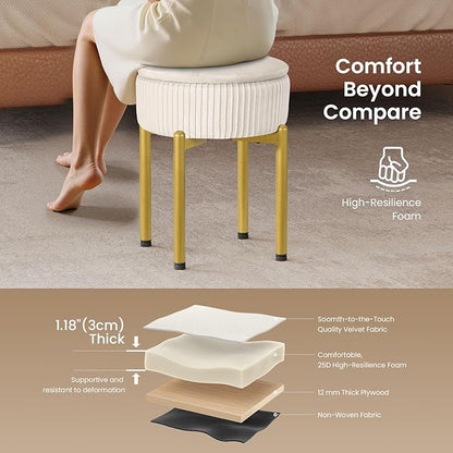 18-Inch Velvet Vanity Stool Chair with Storage, Vanity Bench with 4 Golden Metal Legs & Anti-Slip Adjustable Feet,Round Storage Ottoman Stool with Removable Soft Padded Seat, Beige
