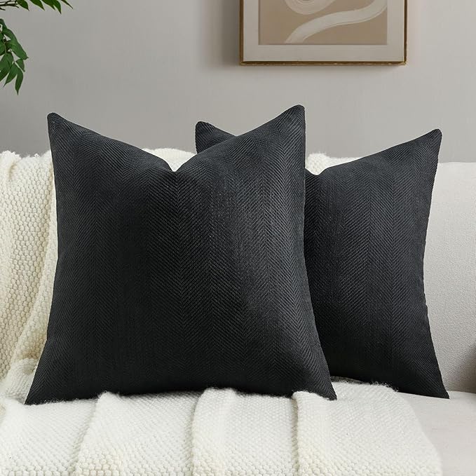 FUTEI Black Chenille Throw Pillow Covers 20x20 Inch Set of 2,Soft Wide Chevron Textured Cushion Case,Farmhouse Home Decor for Couch Bed Living Room