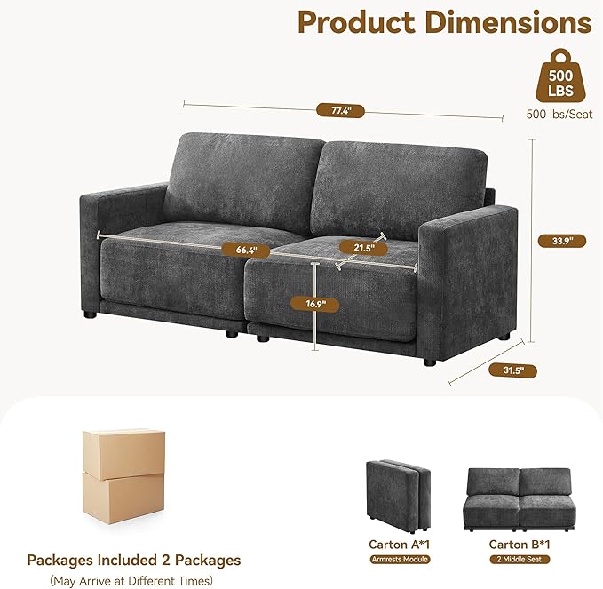 77.4" Chenille Modular Loveseat Oversized Upholstered 2 Seater Sectional Sofa with Thickened Cushions, Easy Assembly, Modern Comfy Love Seat Couch for Living Room, Grey