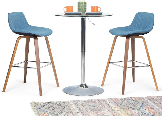 SIMPLIHOME Randolph Counter Stools (Set of 2) - 28 Inch Seat Height Upholstered Bentwood Kitchen Seats in Medium Blue Linen Look Fabric, Mid Century Modern Seating with Curved Backrest and Footrest