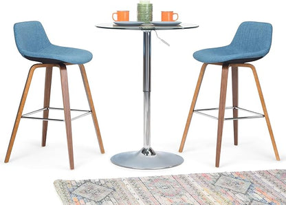 SIMPLIHOME Randolph Counter Stools (Set of 2) - 28 Inch Seat Height Upholstered Bentwood Kitchen Seats in Medium Blue Linen Look Fabric, Mid Century Modern Seating with Curved Backrest and Footrest