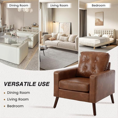 Wahson Accent Chairs Set of 2, Faux Leather Tufted Single Sofa, Brown Oversized Club Chair, Mid Century Modern Armchair with Wood Legs for Reading/Living Room/Bedroom