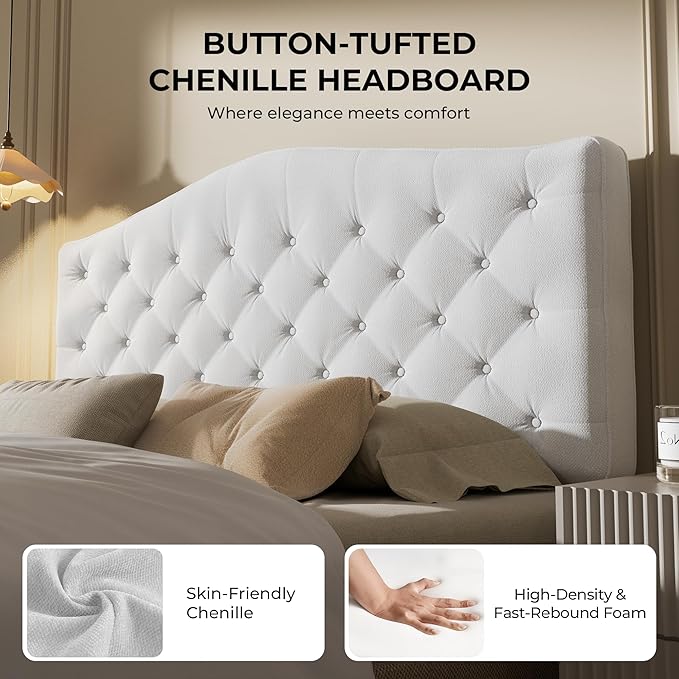 King Headboard Only, Modern Button-Tufted Upholstered Headboard King Size with 4" Thickened High-Density Sponge, Luxury Chenille Fabric, Adjustable Height, Easy Assembly, Beige