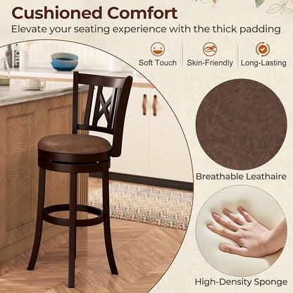 COSTWAY Bar Stools Set of 2, 30” Swivel Bar Chairs with Footrest, Rubber Wood Frame & Hollowed Backrest, Leathaire Bar Height Stools, Padded Counter Stools for Kitchen Island & Pub (2, 30'')