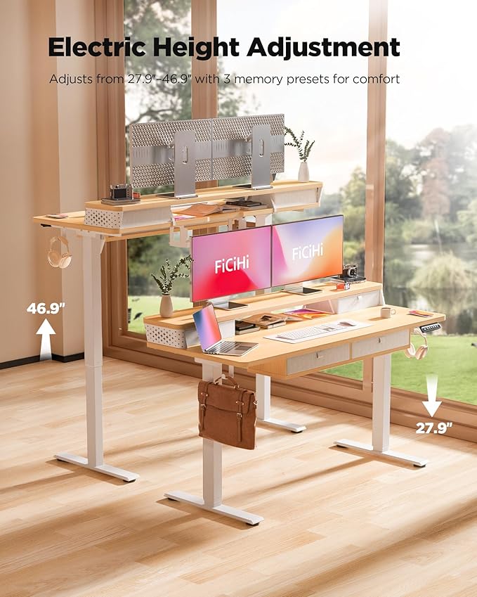 FiCiHi Adjustable Height Standing Desk with 4 Drawers,48 x 24 inches Electric Sit Stand Home Office Desk with Two Tiers, 3 Memory Presets, Monitor Stand Riser