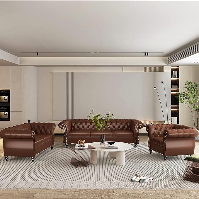 Living Room Chair, Modern Leather Chesterfield Sofa Chair, Mid Century Single Sofa Couch Chair with Tufted Back and Rolled Arms, Accent Sofa Chair for Living Room Apartment, Brown