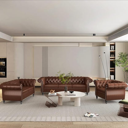 Living Room Chair, Modern Leather Chesterfield Sofa Chair, Mid Century Single Sofa Couch Chair with Tufted Back and Rolled Arms, Accent Sofa Chair for Living Room Apartment, Brown
