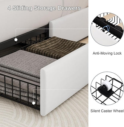 Queen Size Bed Frame with 4 Storage Drawers & Charging Station, Linen Upholstered Platform Bedframe, Button Tufted Wingback Headboard, Sturdy Wooden Slats, No Box Spring Needed, White