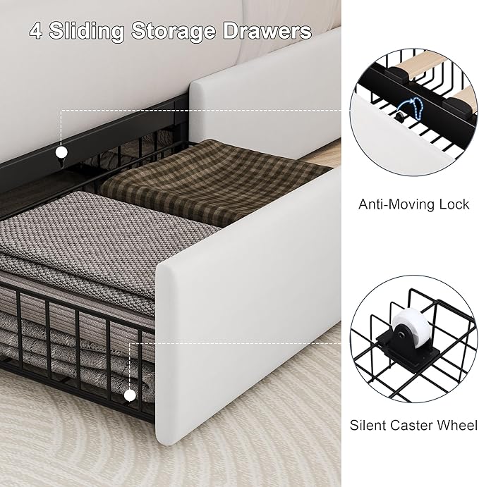 Full Size Upholstered Platform Bed Frame with 4 Storage Drawers and Charging Station, Linen Button Tufted Wingback Headboard, Sturdy Wooden Support Slats, No Box Spring Needed, White