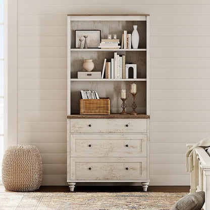 WAMPAT 3 Tier Bookshelf with 3 Drawers, 72" Tall Bookcase Large Farmhouse Display Book Case Shelf with 3-Tier Open Book Shelfs，Library Wood Bookshelves for Living Room,Kitchen, Rustic White