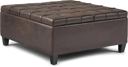 SIMPLIHOME Harrison Coffee Table Storage Ottoman - 36 inch Wide Upholstered Vegan Leather Square Lift-Top Ottoman in Distressed Brown, Transitional Ottoman for Living Room with Hidden Storage