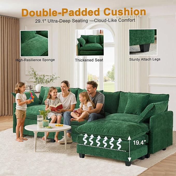 111.4" L-Shaped Cloud Chenille Sectional with Reversible Chaise, Flexible 3+1 Layout for Large Spaces, Deep Seat and Free Pillows Included