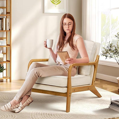 Modern Accent Chair with Lumbar Pillow, Relaxing Mid Century Chair Armchair with Solid Wood Frame & Soft Cushion, Reading Leisure Armchair for Living Room, Beige
