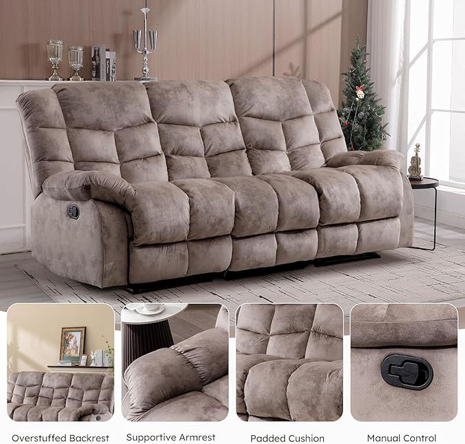 EBELLO Reclining Couch for Living Room, Extra Wide Modern Overstuffed 3 Seat Recliner Manual Sofa Breathable Fabric and Padded Cushion, Light Brown