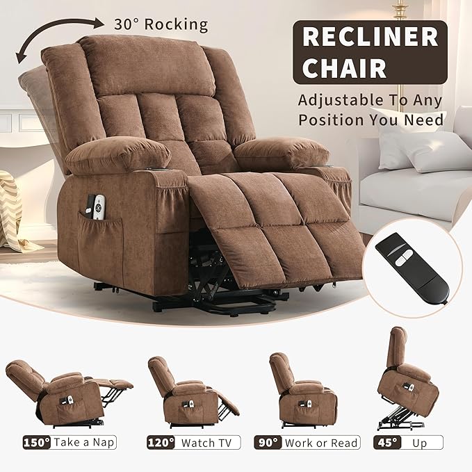 Large Power Lift Recliner Chair for Elderly Overstuffed Wide Electric Lift Chair with Heat and Massage for Big and Tall Adults Reclining Sofa Chair with 2 Cup Holders, Side Pocket, USB Port, Brown