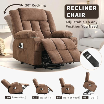 Large Power Lift Recliner Chair for Elderly Overstuffed Wide Electric Lift Chair with Heat and Massage for Big and Tall Adults Reclining Sofa Chair with 2 Cup Holders, Side Pocket, USB Port, Brown