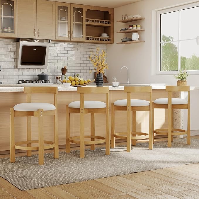 COSTWAY 24'' Counter Height Bar Stools Set of 2, Teddy Velvet Upholstered Bar Chairs with Backrests and Footrests, Wood High Barstools for Kitchen Island and Dining Room (Natural)