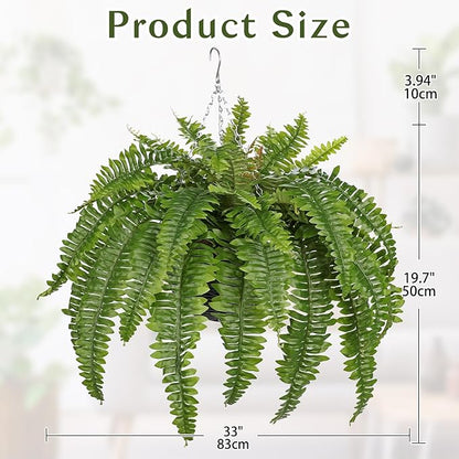 Hollyone 33" Artificial Boston Fern Hanging Basket Large 39 Leaves Fake Ferns in Rattan Pot Greenery Plants for Outdoors & Indoor Faux Fern Bush Basket Plant Patio Garden Home Decor Green