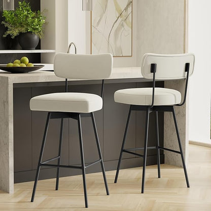 SIMPLIHOME Giselle Swivel Bar Stools (Set of 2) - 29 inch Seat Height Upholstered Metal Chairs in Natural Polyester Linen, Contemporary Seating for Kitchen or Bar with Cushioned Seat and Back