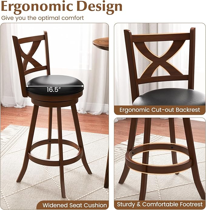 COSTWAY Bar Stools Set of 4, 30 Inch Classic Bar Height Chairs with X-Shaped Open Back, 4 PCS Swivel Barstool Set for Kitchen Island, Pub, Bistro, Café, Espresso (4, 30 Inch)