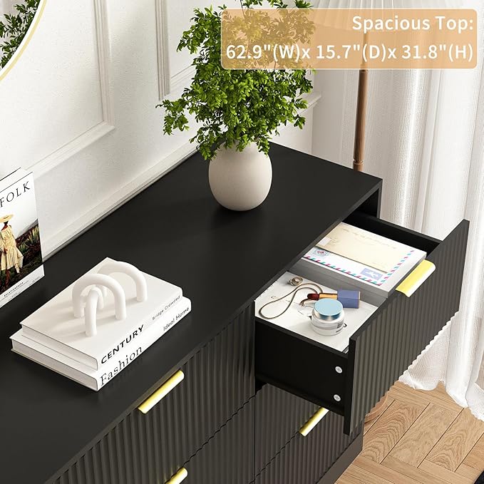 3-Piece Modern Bedroom Furniture Set, Wide 9-Drawer Dresser & 3-Drawer Nightstands Set of 2, Natural Wood Dresser and Nightstand Sets for Bedroom, Hallway, Black