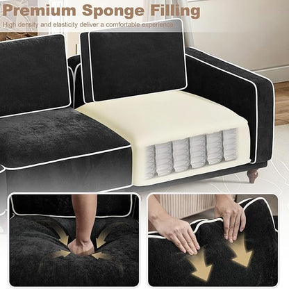 112" 3 Seater Cloud Couch with Ottoman,Modular Sectional L Shaped Sofa with Armrests Wooden Legs,Oversized Deep Seat Comfy Thicked Cushion Upholstered Sofa for Living Room Bedroom,Black