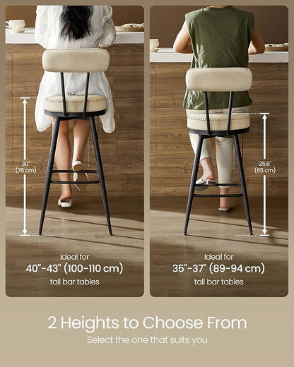 VASAGLE EKHO Collection - Bar Stools Set of 2, Swivel Bar Height Bar Stools with Back, Synthetic Leather with Stitching, Mid-Century Modern, 30-Inch Tall Barstools for Kitchen Home Bar, Cream White