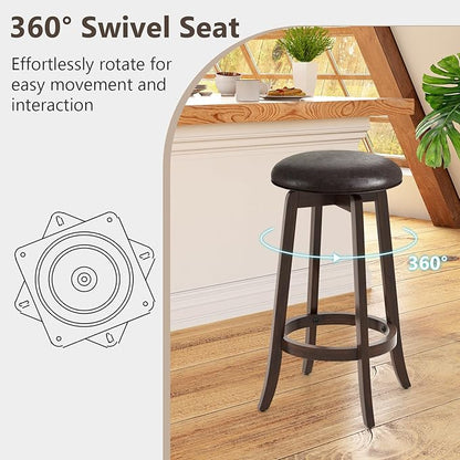 COSTWAY 29-Inch Swivel Bar Stools Set of 4, Upholstered Barstools w/PU Leather Seat & Solid Rubber Wood Legs, Mid-Century Backless Round Bar Height Stools w/Footrest for Kitchen Home Bar