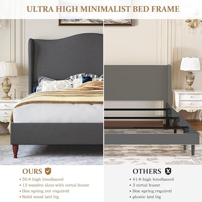 koorlian Full Size Bed Frame Upholstered Platform Bed with 51" Tall Headboard Wingback, Soft Fabric, Retro Simple Style Platform Bed No Box Spring Needed, Easy Assembly, Grey