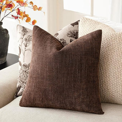 Foindtower Pack of 2 Soft Textured Chenille Throw Decorative Pillow Covers Square Accent Solid Cushion Cover Cozy Neutral Farmhouse Pillow Case for Couch Sofa Bedroom Living Room 24x24 Inch,Red Brown