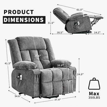 Large Power Lift Recliner Chair for Elderly Wide Electric Lift Chair with Massage and Heat for Big and Tall Adults Reclining Sofa Chair with Remote Control, Cup Holders, Side Pockets, USB Port, Gray