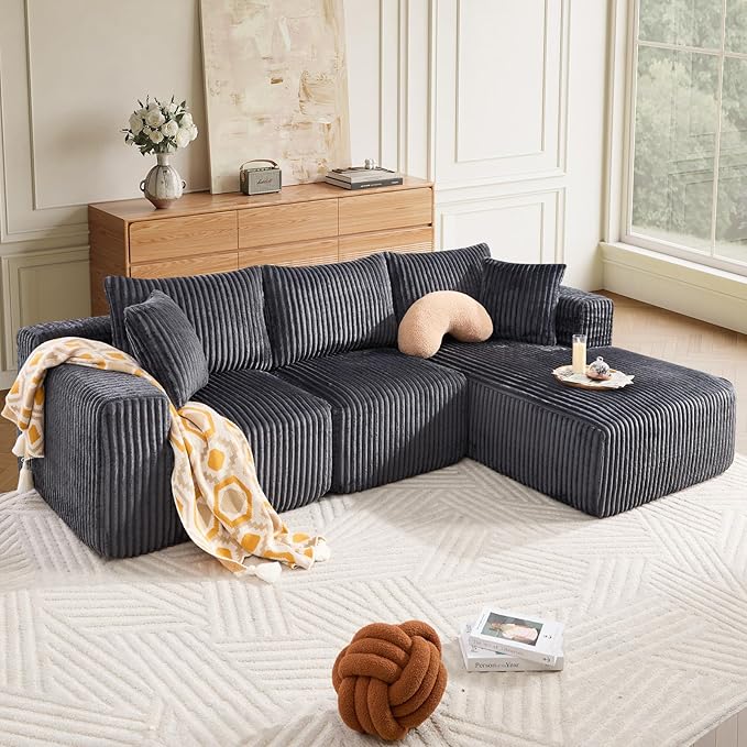 BV 102" Modern Modular Sectional Sofa,Cloud Couch Sectional with Chaise,Comfy Upholstered L-Shape Sofa for Living Room, Deep Seat Boneless Couch, No Assembly Required,Grey