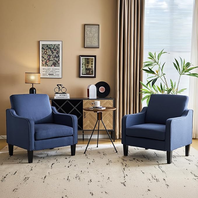 VINGLI Modern Accent Chairs Set of 2, Blue Living Room Chairs Comfy Armchair for Bedroom, Upholstered Sofa Chair Reading Chair for Small Spaces, Apartment, Waiting Room