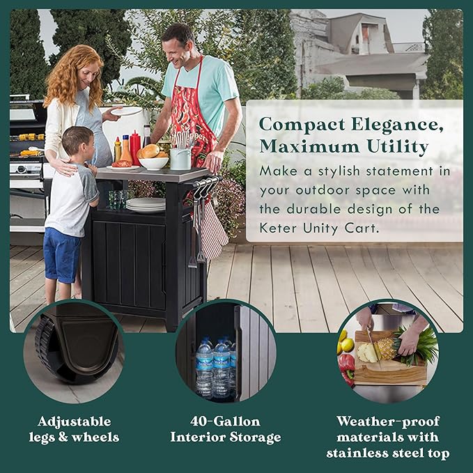 Keter Unity Portable 40 Gal Outdoor Table and Storage Cabinet w/Accessory Hooks, Stainless Steel Top for Patio Kitchen Island or Bar Cart, Dark Brown