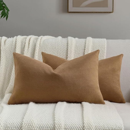 FUTEI Rust Chenille Throw Pillow Covers 12x20 Inch Set of 2,Soft Wide Chevron Textured Lumbar Pillow Cases,Farmhouse Home Decor for Couch Bed Living Room