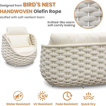 Woven Rope Outdoor Sofa Set: 4 Pieces Aluminum Patio Conversation Set Assembled - All Weather Cushioned Porch Furniture Couch - Modern Metal Lounge Set for Deck Yard Resort Hotel Sunroom, Beige