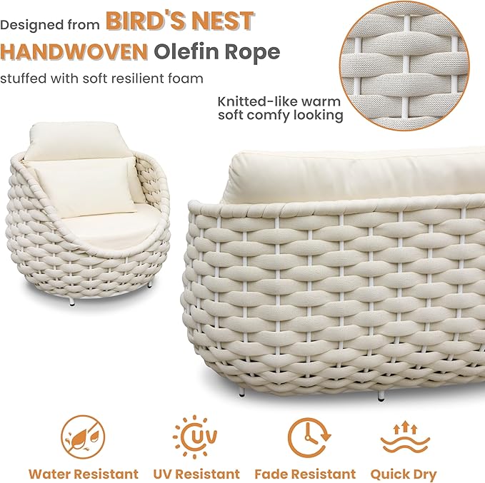 Sunroom Furniture Sets: 6 Pieces Aluminum Woven Rope Patio Conversation Sofa Set Cushioned - Modern Outdoor Couch Set No Assembly - Armchair Set Porch Deck Garden Poolside Gazebo Hotel - Beige