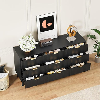 9 Drawer Dresser, Modern Fluted Storage Dresser with Deep Drawers and Metal Handles, Wood Chest of Drawers Storage Organizer for Bedroom, Living Room, Hallway (Black)