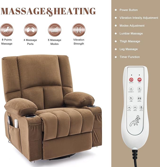 Swivel Rocker Chair with Heat and Massage, 270° Power Recliner Chairs for Adults, USB and Type-C Ports, Oversized Recliner Single Sofa, Electric Glider Chair(Brown)