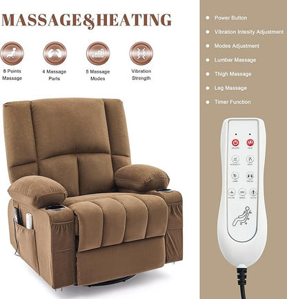 Swivel Rocker Chair with Heat and Massage, 270° Power Recliner Chairs for Adults, USB and Type-C Ports, Oversized Recliner Single Sofa, Electric Glider Chair(Brown)