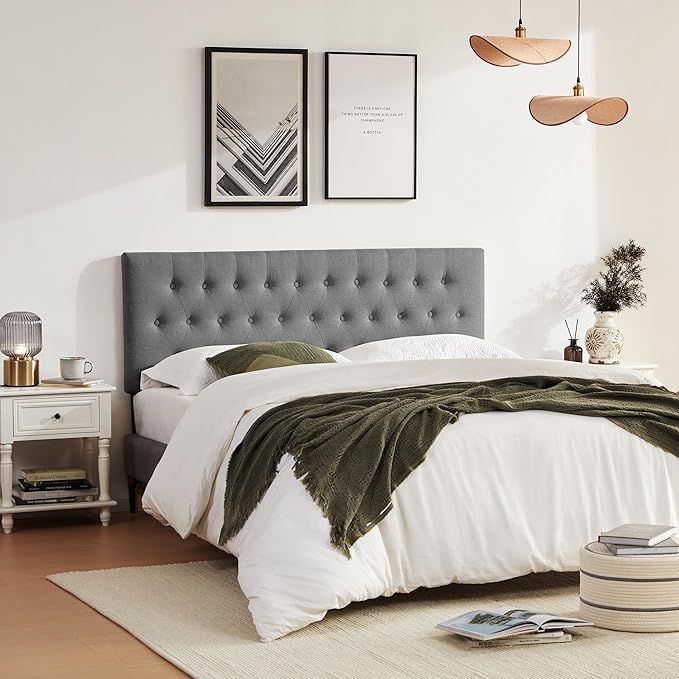 Tufted Upholstered Headboard California King Size, Solid Wood Head Board with Durable Metal Legs, Adjustable Height Bed headboard from 37” to 51” Fabric Headboard in Button Design, Grey