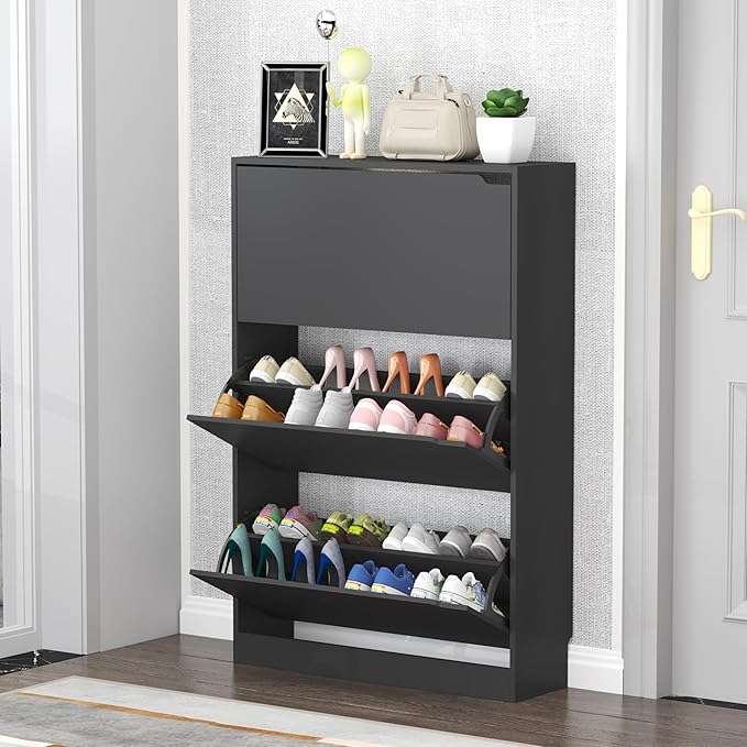 Shoe Storage Cabinet with 3 Flip Drawers, Slim Hidden Wood Shoe Cabinet Storage for Entryway, Freestanding Narrow Shoe Rack Organizer with Adjustable Shelves for Foyer, Hallway, Black