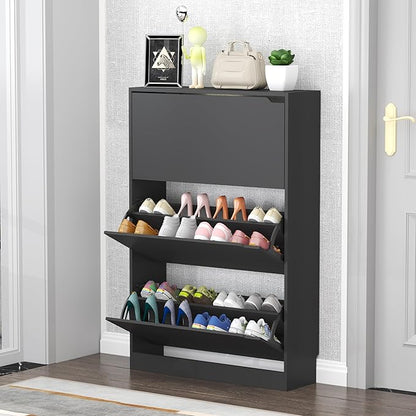 Shoe Storage Cabinet with 3 Flip Drawers, Slim Hidden Wood Shoe Cabinet Storage for Entryway, Freestanding Narrow Shoe Rack Organizer with Adjustable Shelves for Foyer, Hallway, Black