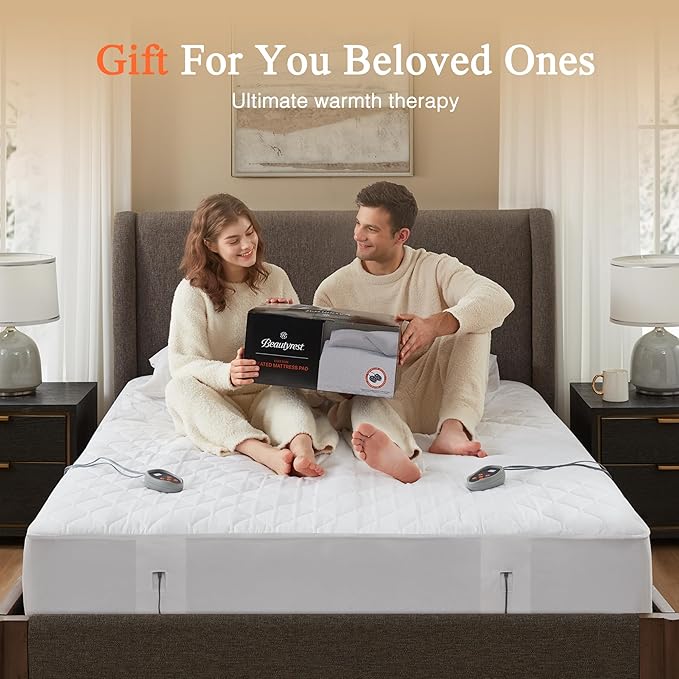 Beautyrest Cotton Heated Mattress Pad - Bed Warmer with 20 Heat Settings Controller, Auto Shut Off Timer, All Around Elastic Deep Pocket, UL Certified, Machine Washable, White King